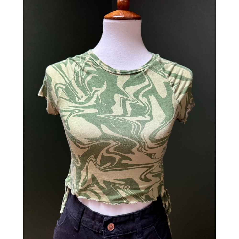 PacSun Green Marble Lettuce Edge Tie Sides Shirt Women's S